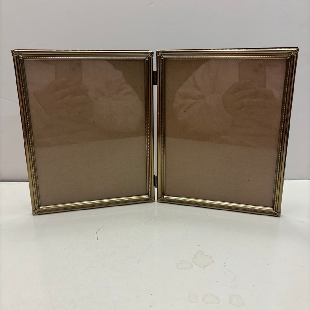 Vintage Double Photo Picture Frame 5x7 Gold Brass Metal Hinged Ornate BiFold Two